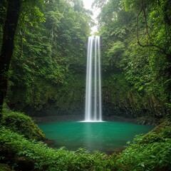 A tall, narrow waterfall cascades into a turquoise pool surrounded by lush green vegetation in a tropical rainforest.