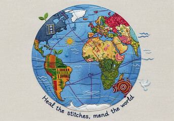 Fototapeta premium Embroidered World Map with Global Connections (generative ai)