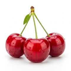 Three glistening, perfectly ripe red cherries, their smooth skins reflecting light, elegantly positioned and isolated on a pure white background copy