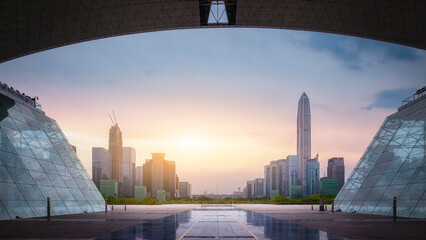 Modern City Skyline with Glass Buildings and Clear Sky