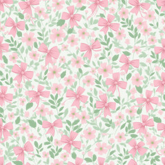 Floral Pattern With Pink Bows and Green Leaves on White Background
