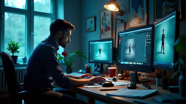 A man works on a computer, editing images in a home office with multiple monitors and a window.
