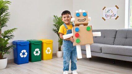 A smiling young boy holds a handmade robot made from cardboard boxes and recycled materials, standing in a room with recycling bins and a "Let's Recycle" sign.