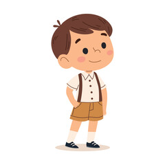 Cute little boy in school uniform, vector illustration on the theme of education
