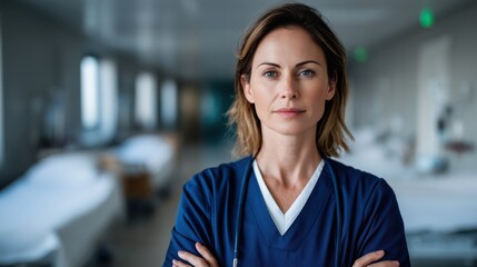 Female healthcare professional in blue scrubs standing in a hospital corridor