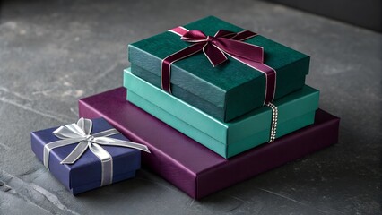 Stacked Jewel-Toned Gift Boxes: Emerald Green Round with Velvet Burgundy Bow, Sapphire Blue Square with Silver Ribbon, Amethyst Purple Triangle with White Cord on Slate