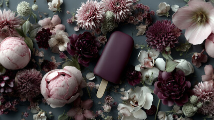 Ice cream on a stick made from natural, nutritious ingredients. Background and ornaments in floral and baroque style.