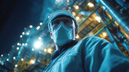 Obraz premium Close-up of a determined industrial worker wearing yellow safety helmet and jacket, looking upward at construction site with metal structures.