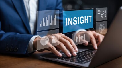 Business professional analyzing data and insights on a digital dashboard