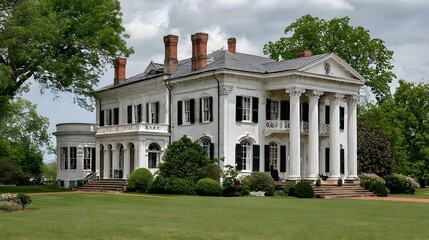 Naklejka premium Grand white plantation house with classic architectural details.