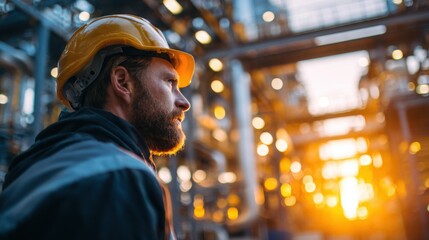 Fototapeta premium Back view of a worker in hardhat examining large, intricate industrial machinery and pipes inside a manufacturing or refinery facility.