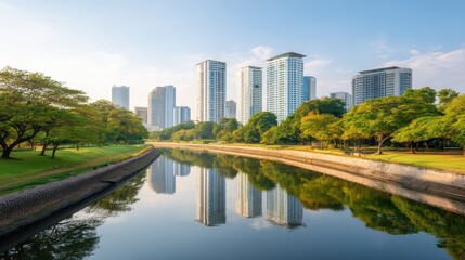 Obraz premium Modern Skyline Reflected in Calm Water with Greenery in Foreground
