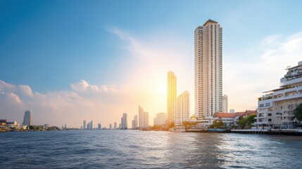Naklejka premium Stunning Cityscape of Bangkok at Sunset Over the Chao Phraya River