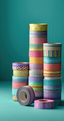 Colorful rolls of patterned tape stacked on a teal background