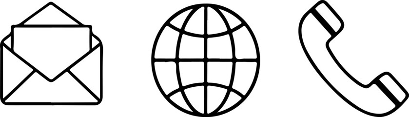 Naklejka premium Three simple black and white graphic icons representing communication methods including an envelope globe and telephone handset silhouette