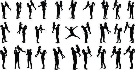 Adult child silhouettes, family bonding, playful interactions, parent holding child, emotional connection, cartoon vector set, love, childcare, parenting