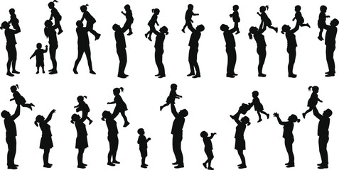 Adult and child silhouettes, playful bonding moments, family interaction, holding poses, cartoon vector set, emotional connection, parenting, love