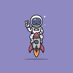 Cute cartoon of an astronaut making a peace sign while riding a rocket in space perfect for fun designs and creative projects that celebrate adventure and exploration