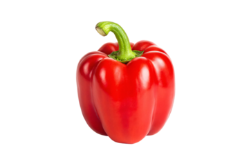 Large red bell pepper with smooth glossy skin, green stem, classic bell shape, and vibrant red coloring, isolated on a transparent background