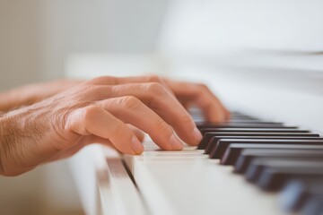 Obraz premium Close-Up of Hands Playing Piano Keys in Bright Natural Light