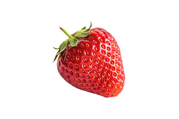 Fresh ripe strawberry with bright red color, distinctive seed pattern, green leafy top, and natural heart shape, isolated on a transparent background