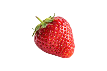 Fresh ripe strawberry with bright red color, distinctive seed pattern, green leafy top, and natural heart shape, isolated on a transparent background