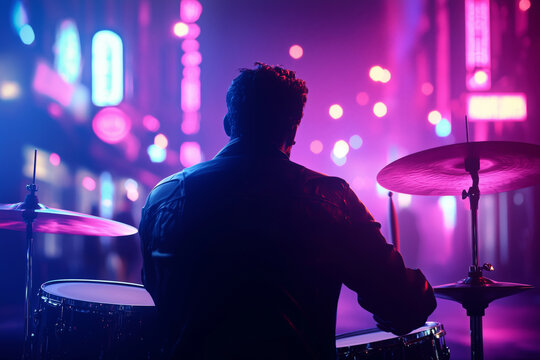 Urban drummer performing in vibrant alley illuminated by neon lights, creating lively and energetic atmosphere