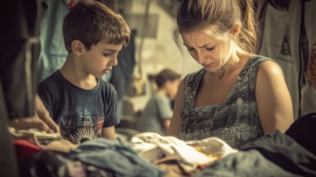 A mother and son sort through clothes. - Powered by Adobe