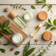 Natural skincare products arranged with fresh green leaves and wood