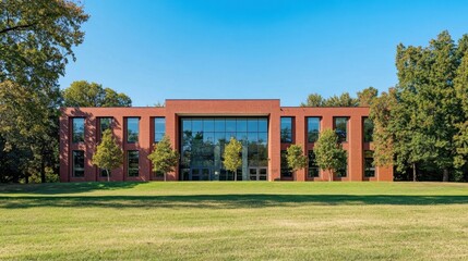 Fototapeta premium Modern Brick Building on Green Lawn.