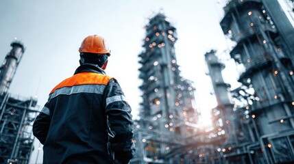 A professional image of an engineer in a construction outfit, industrial site. The background features a sprawling factory with sharp metallic details and towering structures.