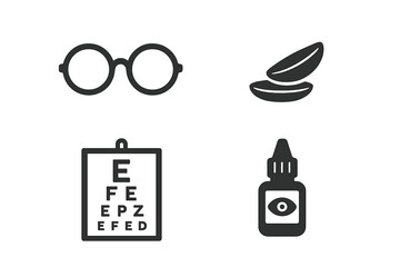Eye care essentials including eyeglasses, eye drops, and an eye chart for vision assessment