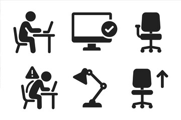 Workspace icons showcasing various office activities and arrangements in a modern setting