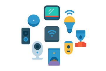 Smart home devices arranged in a circular pattern showcasing modern technology