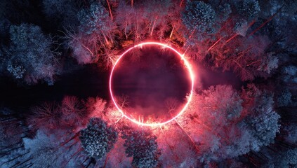 Overhead view of a winter forest, with a glowing red circle