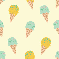Mint and Banana Ice Cream Cones Pattern in Pastel Tones