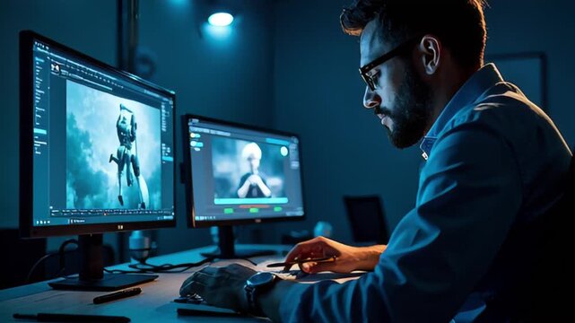 A man with glasses works on a computer, editing a 3D animated character in a dark room.
