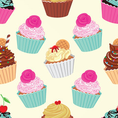 Colorful Cupcake Pattern with Whipped Cream and Toppings on Cream Background