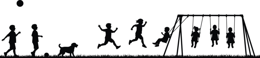 Children and dog silhouette playing outdoors, swing set, ball running, joyful scene, park activity, jumping motion, fun lifestyle moment