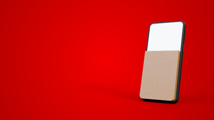 Smartphone with paper bag on the screen isolated red background with copyspace. Paying and shopping with phone mockup illustration. Digital marketing concept. Online store.