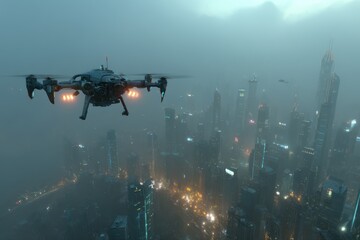 A futuristic city skyline being patrolled by security drones in a large city.