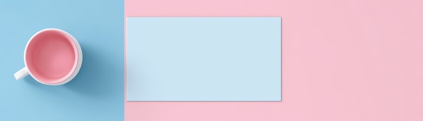 Fototapeta premium Minimalist pastel background with cup and blank card for design use