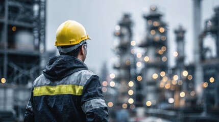 A professional image of an engineer in a construction outfit, industrial site. The background features a sprawling factory with sharp metallic details and towering structures.