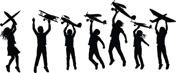 Children with toy airplanes, joyful silhouettes, playful motion, jumping kids, cartoon vector set, imagination, flight dream, childhood freedom