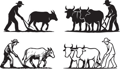 Set of Traditional Farming Silhouettes – Farmers Plowing Fields with Oxen in Rural Scenes