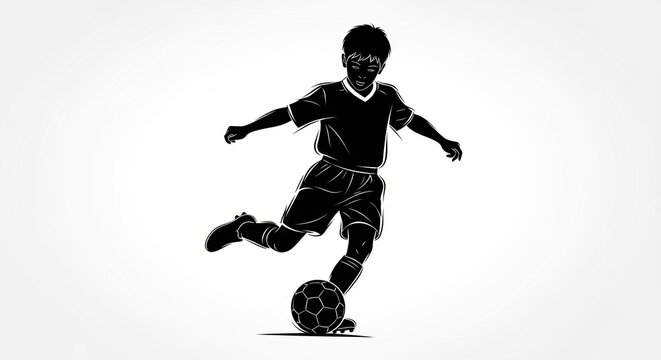 Dynamic vector illustration showcasing the silhouette of a boy kicking a soccer ball with power