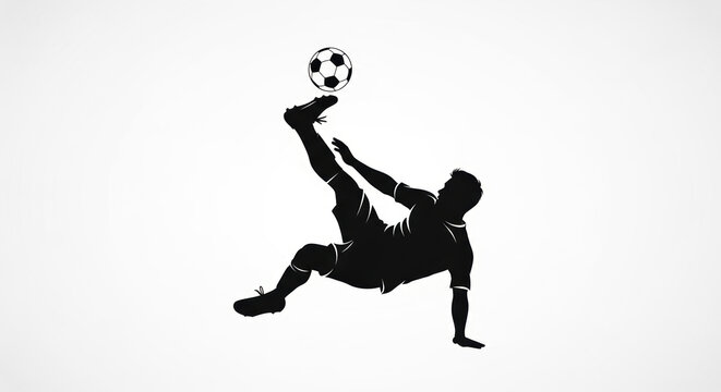 Dynamic silhouette of a soccer player executing a bicycle kick against white background