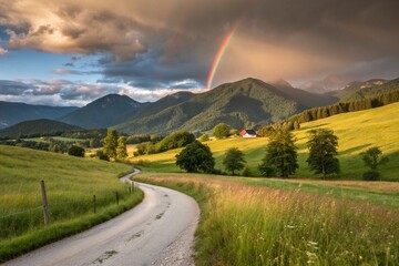 Obraz premium Amazing scene in summer mountains. Lush green grassy meadows in fantastic evening sunlight. Rural road and beautiful rainbow in dramatic sky. 
