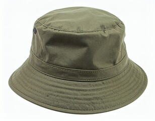 Classic olive green bucket hat for sun protection. A versatile piece of casual headwear isolated on a white background.