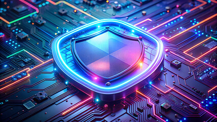 Fototapeta premium Futuristic digital shield emblem glowing with vibrant neon blue and pink light over a complex circuit board representing cybersecurity and data protection